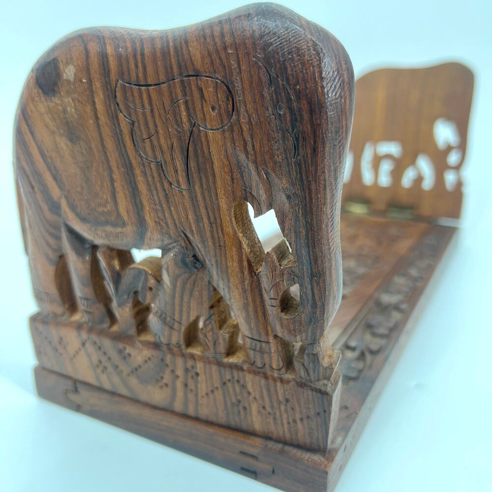 Vintage Hand-Carved India Elephants Wooden Book Rack Folding and Expandable
